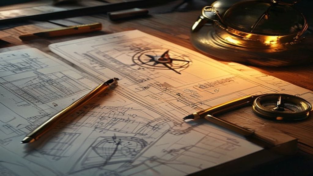 Multiple architectural blueprints overlapping on a draftsman's wooden table with a brass compass and ruler under warm lamp light
