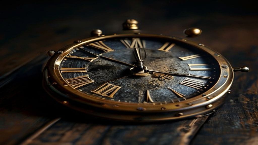 A vintage mechanical time clock on a dark wooden surface with brass numerals visible and the hands paused mid-stroke