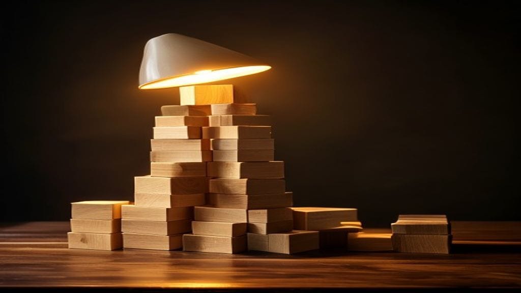 A neat stack of polished wooden building blocks of different sizes on a dark wooden tabletop arranged into a small tower