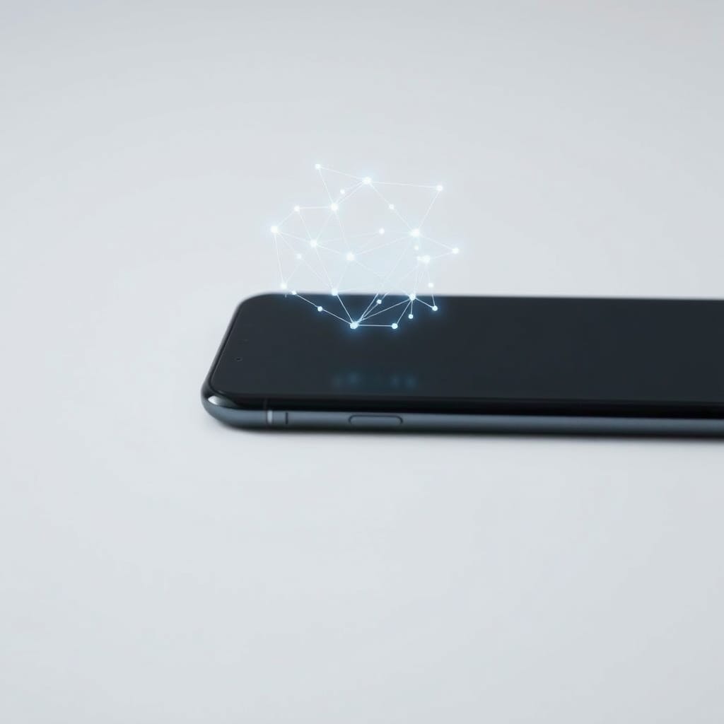 Modern smartphone face-up with a holographic neural-network diagram hovering above it