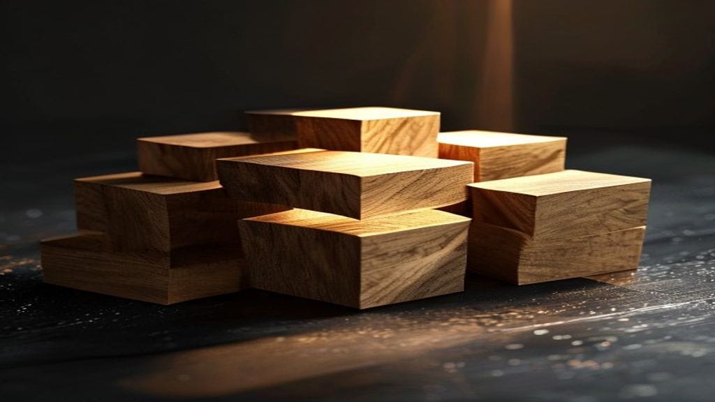 A geometric arrangement of six polished wooden building blocks of increasing size on a dark wooden surface with the middle block highlighted by a warm spotlight