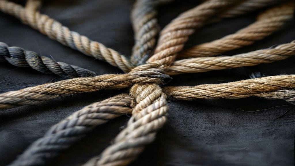 Six woven rope strands of different muted colors converging from different directions toward a single central knot on a dark fabric surface