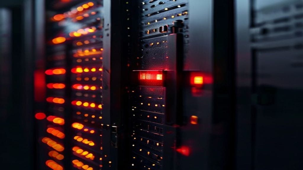 A close-up of a black metal server rack panel with a single red status LED illuminated among dim amber LEDs