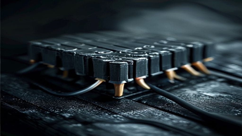 A precision metal junction box on a dark wooden surface with multiple identical cables of the same color and shape entering and leaving it cleanly
