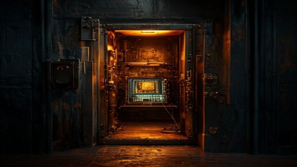 A heavy ornate brass vault door slightly ajar revealing a glowing computer chip inside the vault chamber