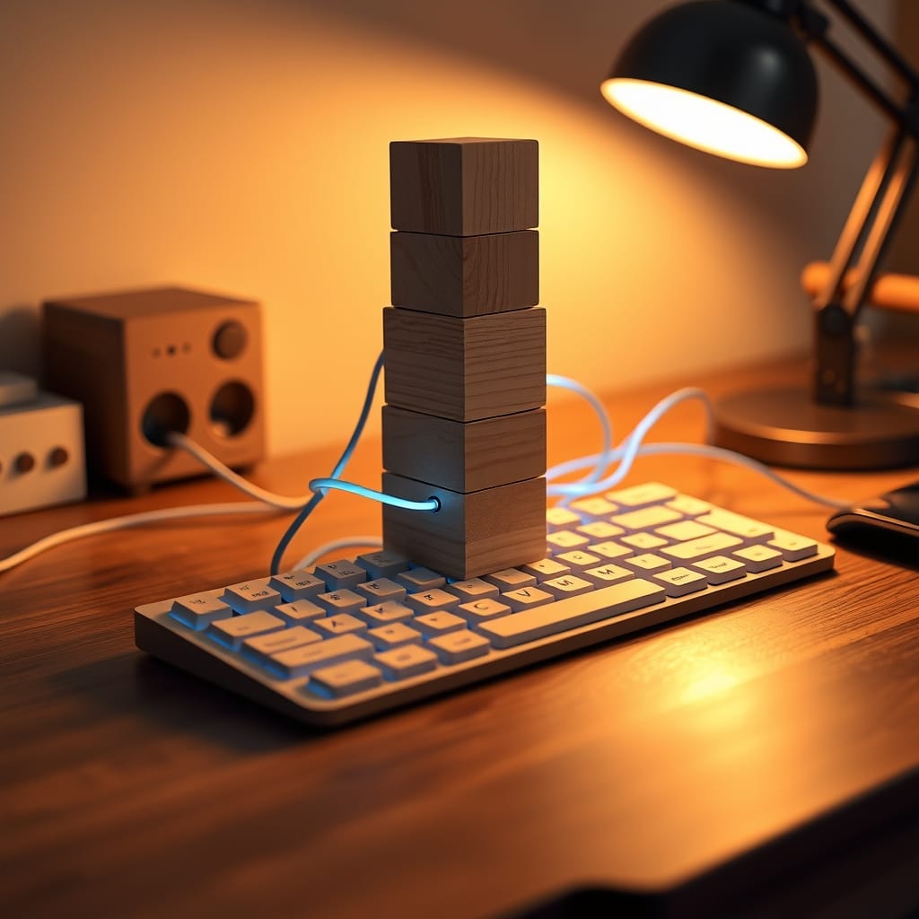 Wooden building blocks connected by glowing fiber cables on a desk with a keyboard
