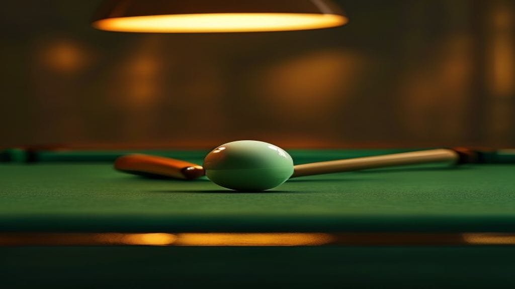 A polished green billiards table viewed at a dramatic angle with a single white cue ball near the center and a wooden cue stick across the felt