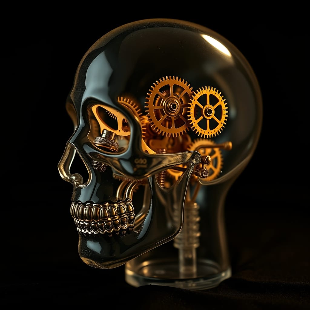 A translucent glass human head with brass clockwork gears turning inside the skull
