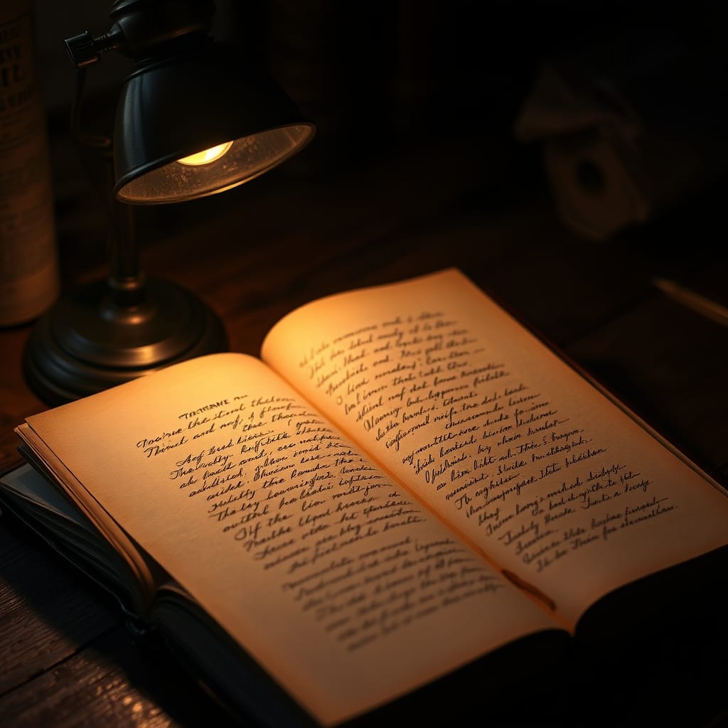 A leather-bound vintage book open on a wooden desk with elegant handwriting reforming gently on the pages under warm lamplight