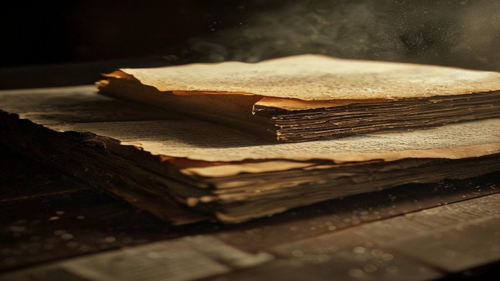 A close-up of stacked vintage paper documents on a dark wooden desk slowly accumulating a thin layer of dust under raking side light