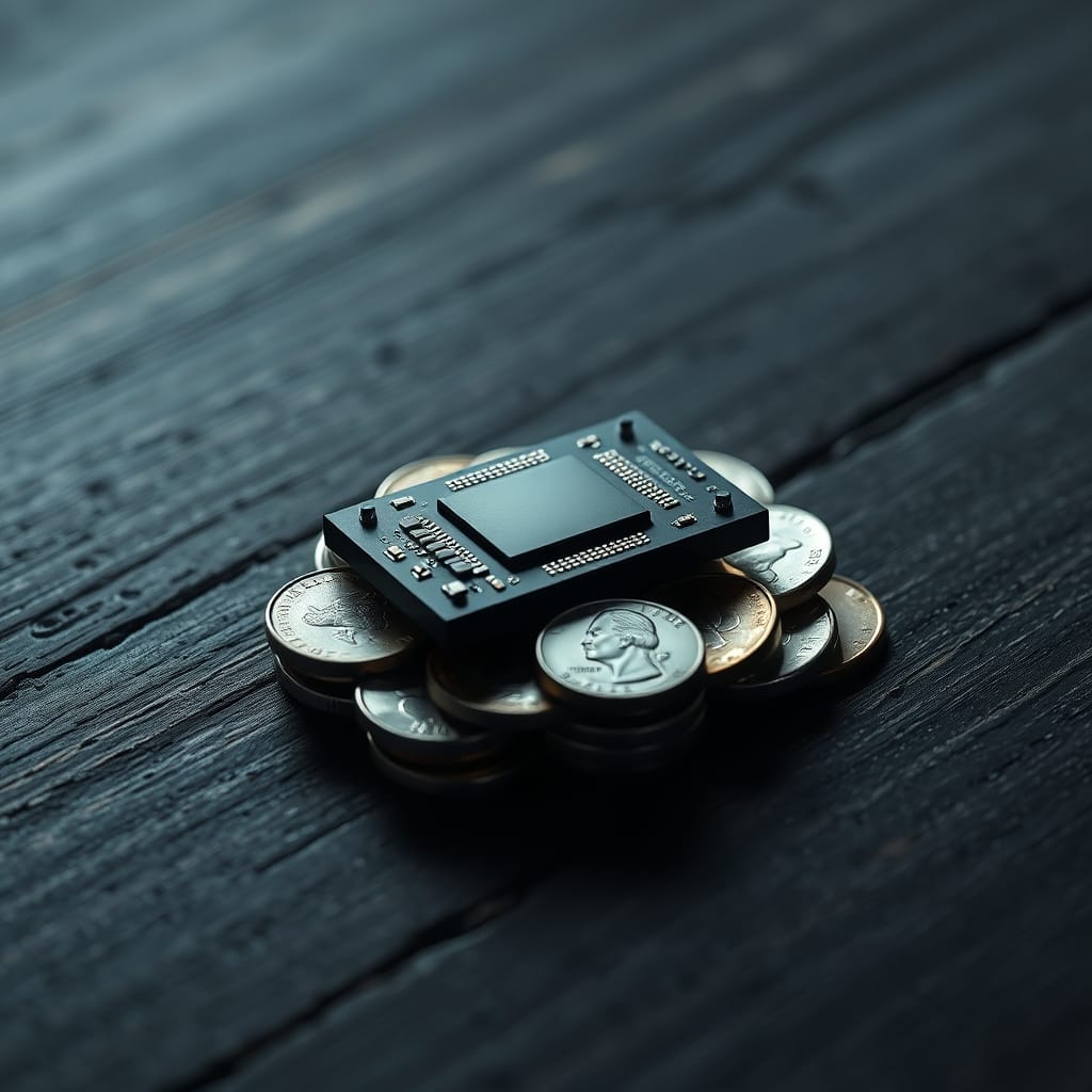 A modern computer chip resting on a small handful of US coins on a dark wooden table