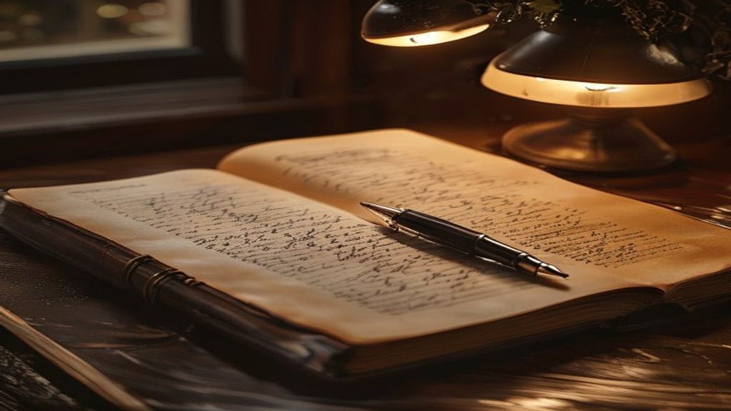 A close-up of an open leather-bound personal journal on a dark wooden desk with handwritten cursive ink visible across the pages
