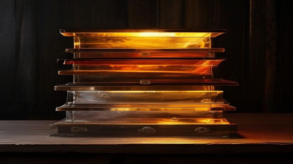 Three glass library card-catalog drawers stacked vertically with the top brightly lit, middle in shadow, bottom dim and dusty