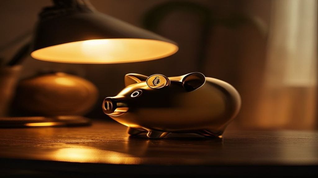 A polished brass piggy bank on a dark wooden desk with a single coin balanced on top of the slot