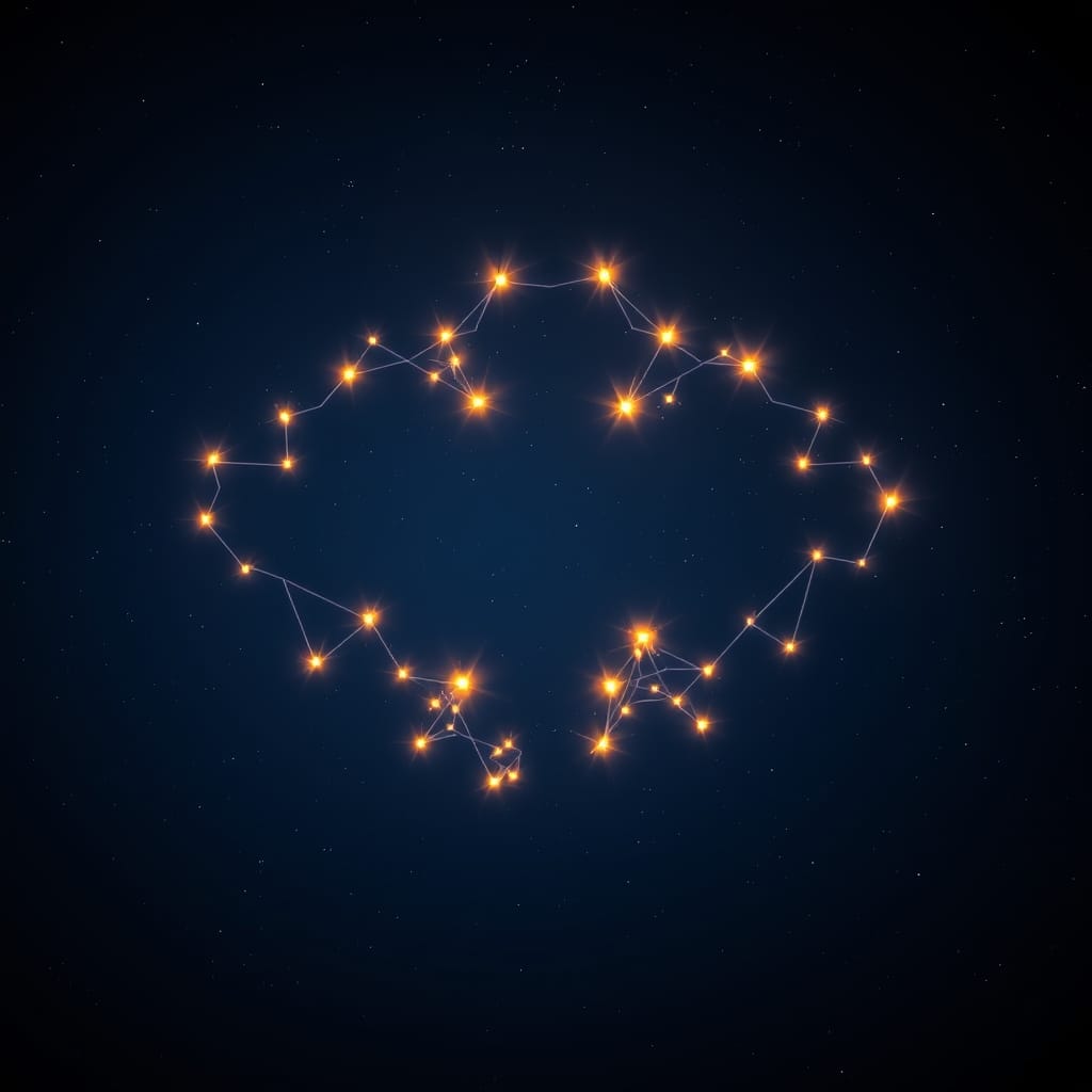 Twin constellation-like glowing star clusters against a deep night sky with faint connecting lines suggesting neural networks