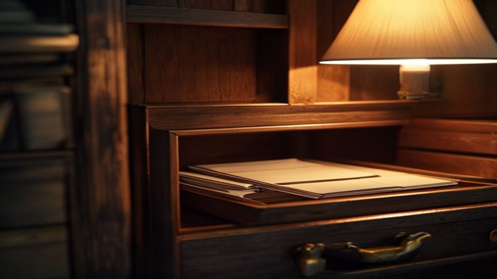 A close-up of an old wooden filing cabinet drawer slightly open with empty hanging folders visible inside