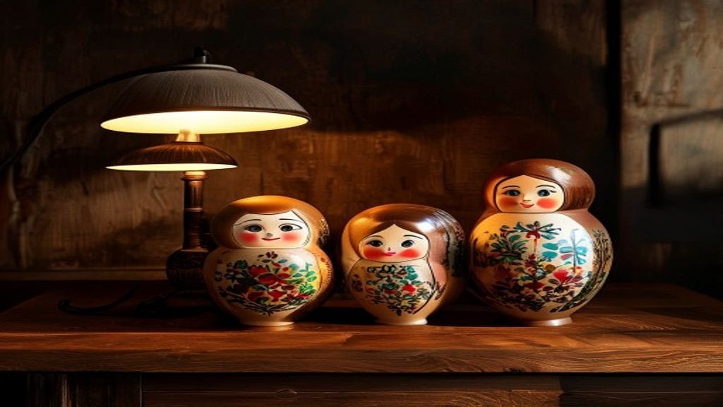 A set of three Russian-style nesting dolls of different sizes arranged in order on a dark wooden tabletop
