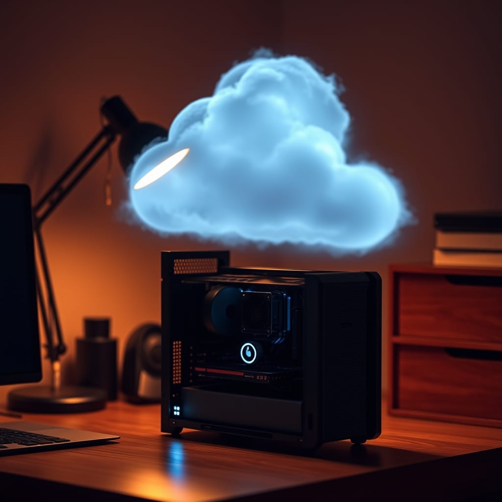 A small computer chassis on a wooden home-office desk with a faint translucent cloud-shape hovering above it