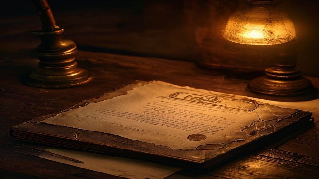 An open leather-bound auditor's ledger book on a dark wooden desk with a brass stamp resting on a paper certificate next to it
