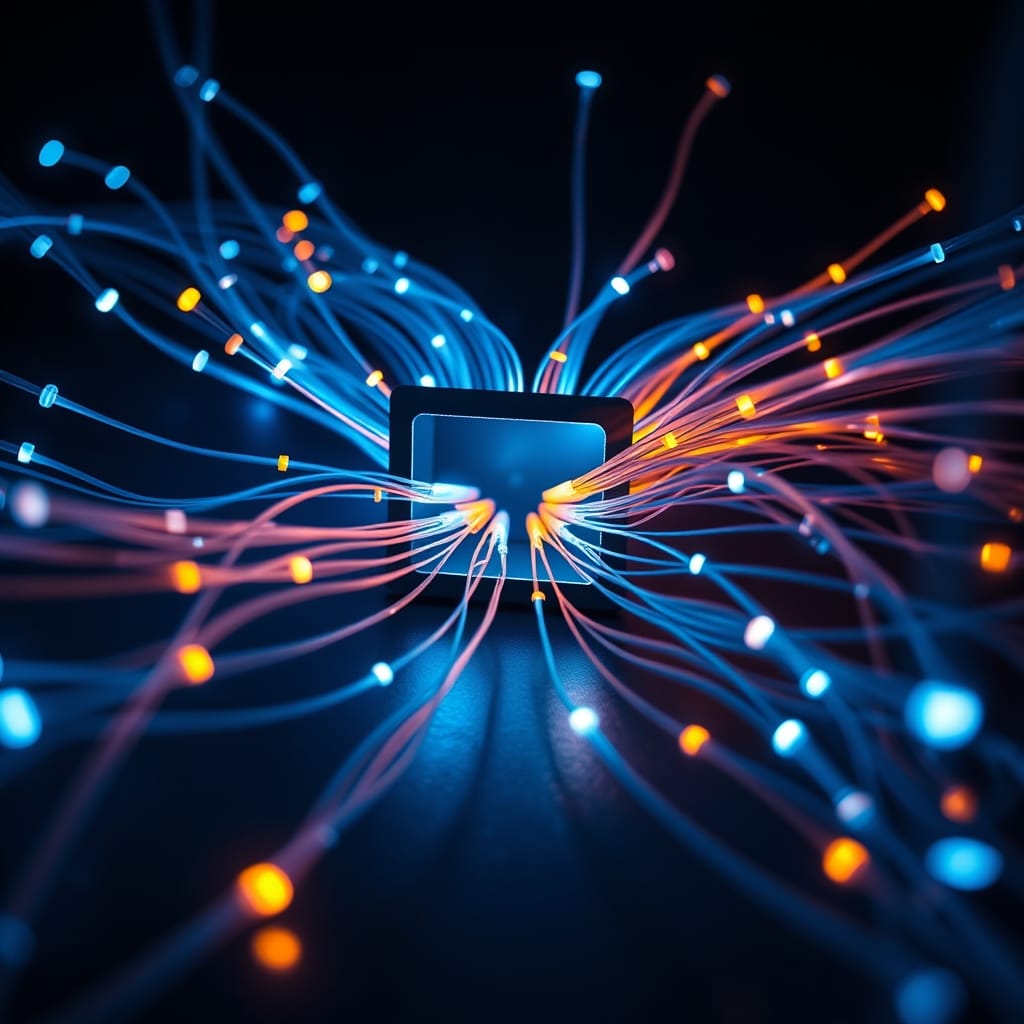 A dense network of glowing fiber-optic cables converging into a single central junction box