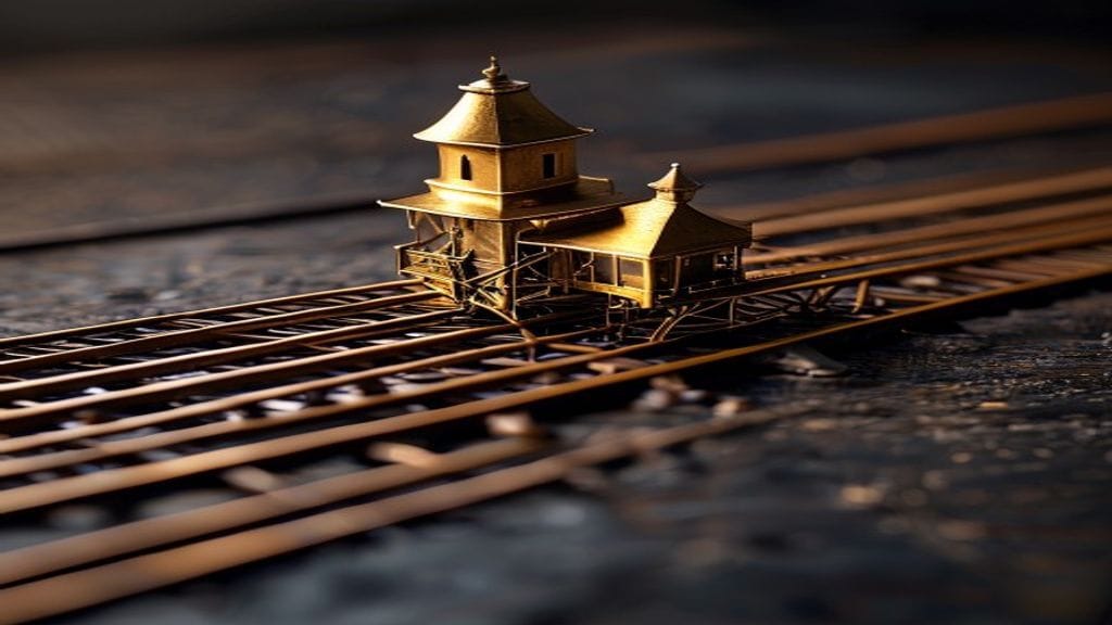 A polished brass railway switching tower miniature on a dark wooden surface with multiple thin tracks of different colors converging into and diverging out of it