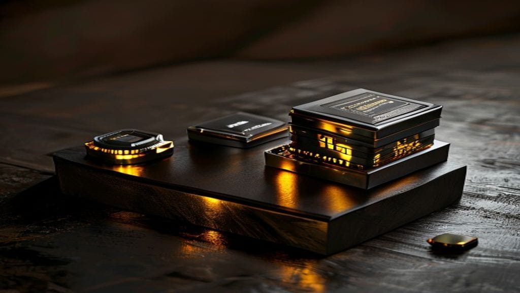 A racing podium on a dark wooden surface with three sleek metallic computer chips of different sizes resting on first second and third places