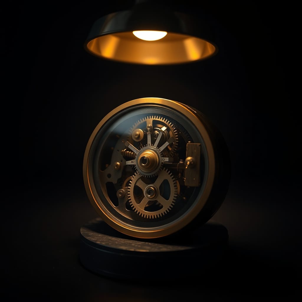 Brass mechanical clockwork mechanism with visible turning gears under dramatic spotlight