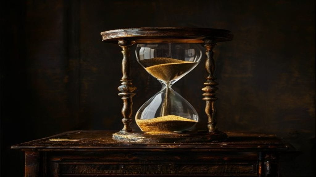 An ornate vintage hourglass on a dark wooden desk with the sand chamber unevenly distributed — bottom chamber overflowing slightly