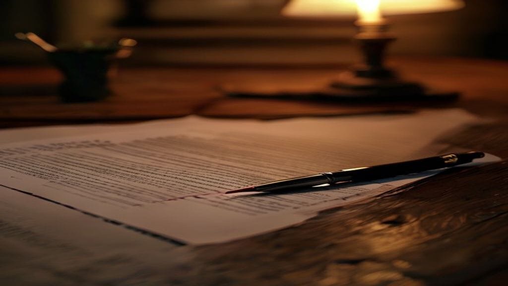 A close-up of a paper document on a wooden desk with several lines of text redacted by clean black bars and a fountain pen alongside