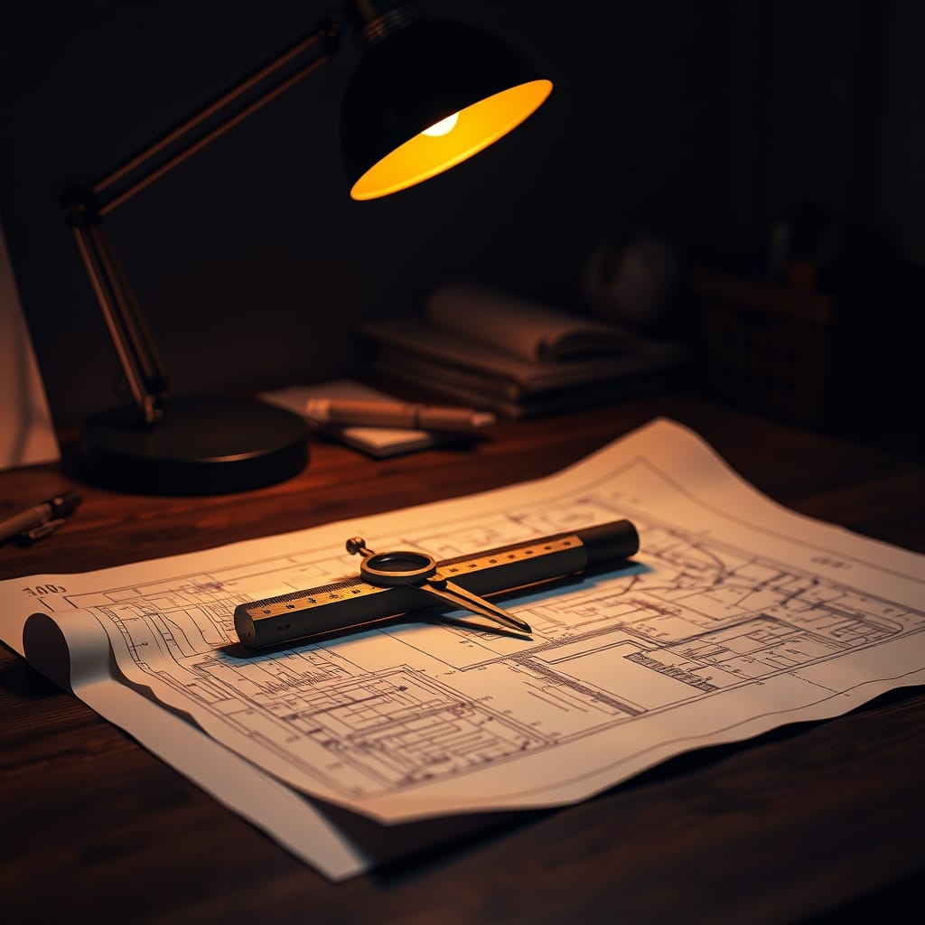 An architect's drafting table at night with blueprints, a compass, and a ruler under warm lamplight