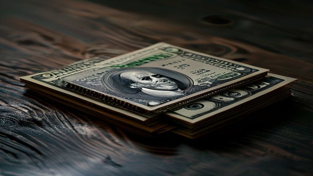 A small AI chip on a thin stack of US one-dollar bills next to a much larger chip on a thicker stack of twenty-dollar bills