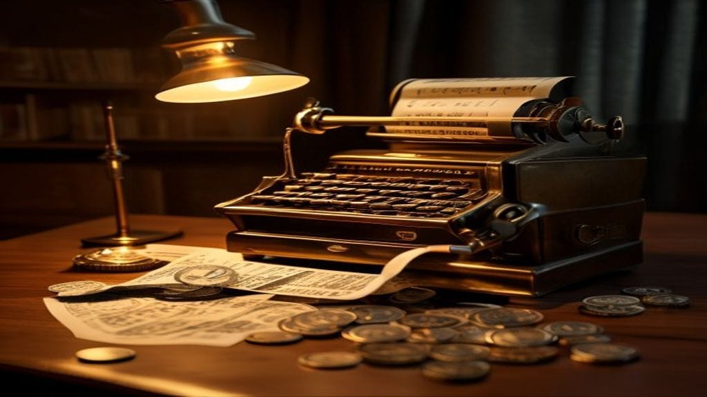 A vintage brass adding machine on a dark wooden desk with a long curling paper receipt and US coins scattered nearby