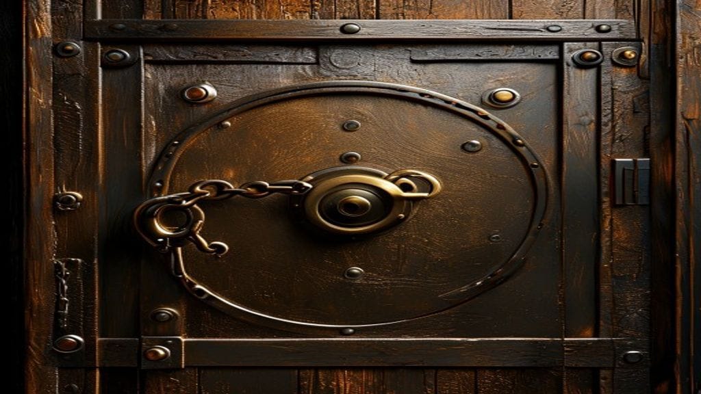 A heavy ornate brass vault door fully closed on a dark wooden surface with a thick chain wrapped around its handle and a brass padlock secured tight