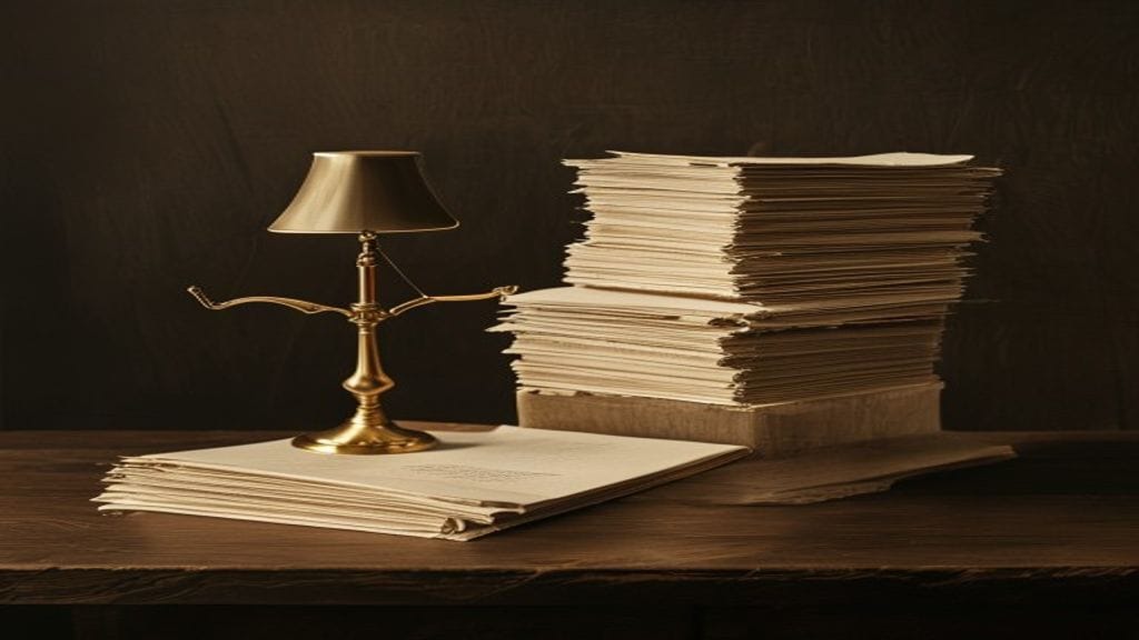 Two stacks of paper documents on a dark wooden desk side by side with a brass scale resting between them suggesting balance