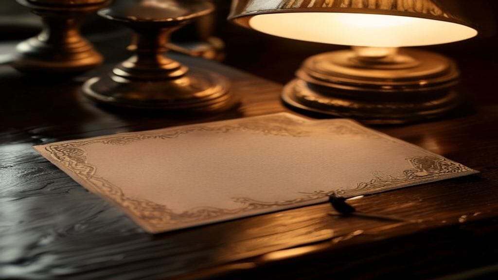 A vintage ornate paper business card with elegantly curling edges resting on a polished dark wooden desk next to a fountain pen