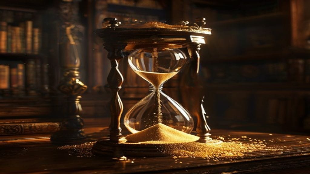 A vintage hourglass with most of its sand fallen to the bottom chamber on an antique wooden desk in a dimly lit study