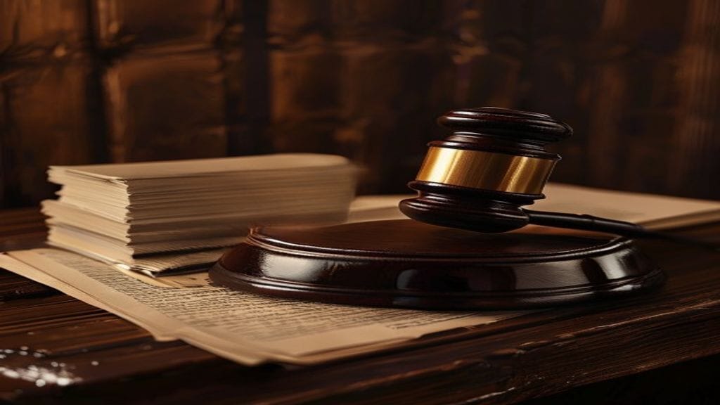 A polished wooden judge's gavel resting on a dark wooden bench next to a stack of paper documents under warm overhead light
