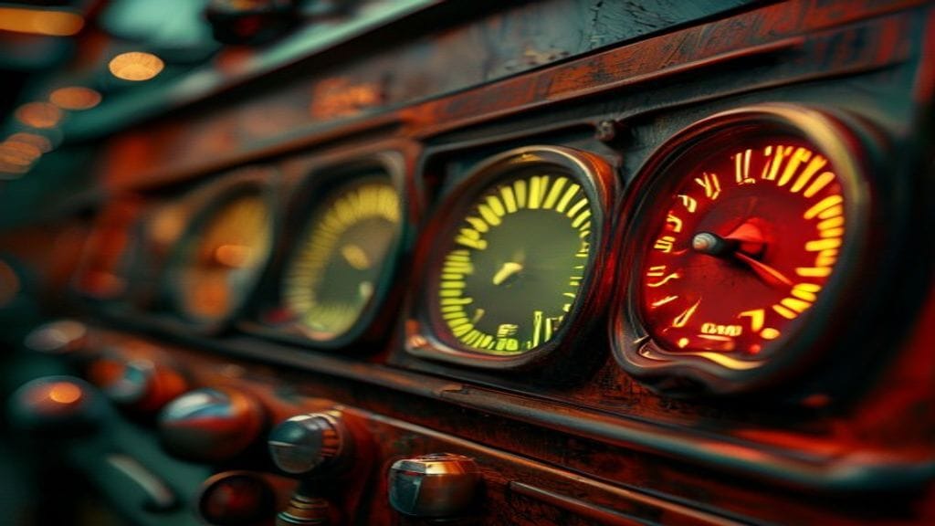 A row of vintage analog gauges on a polished wooden control panel with one needle pegged to the red zone