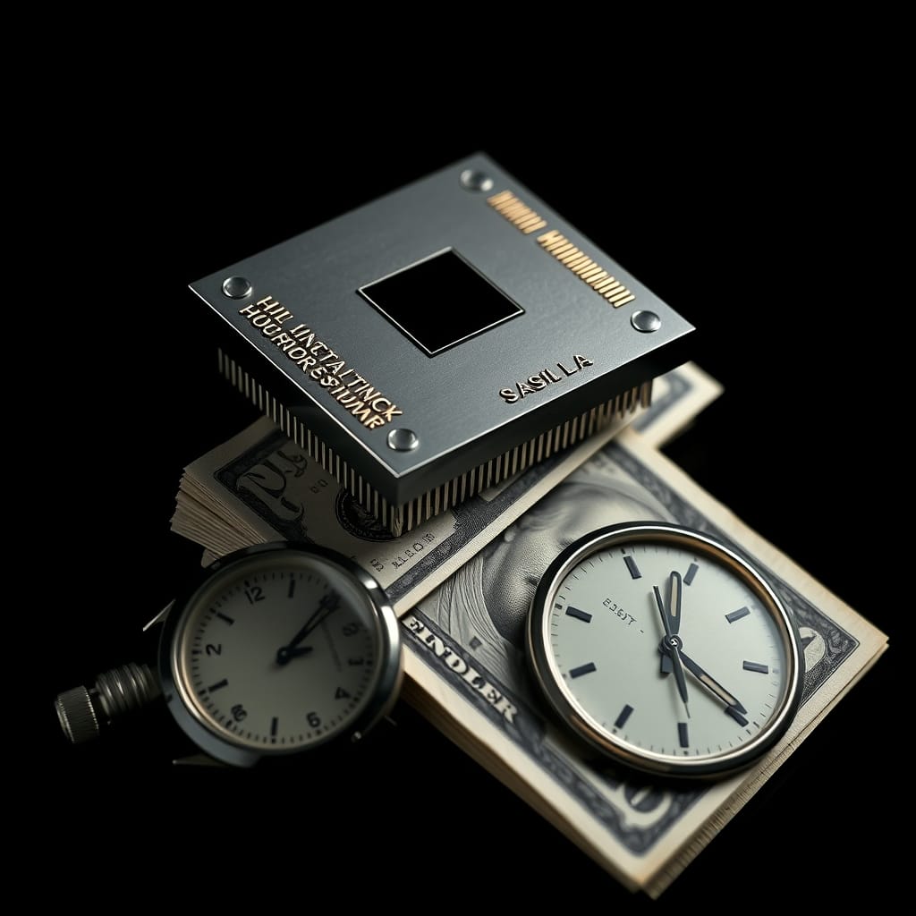 Computer chip on a stack of hundred-dollar bills next to a vintage stopwatch