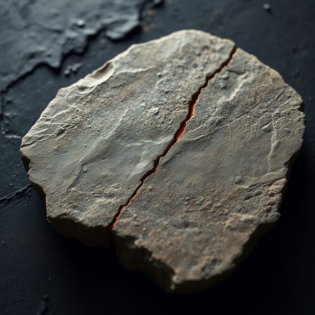A polished bedrock stone slab on a dark surface with three small visible cracks running across it