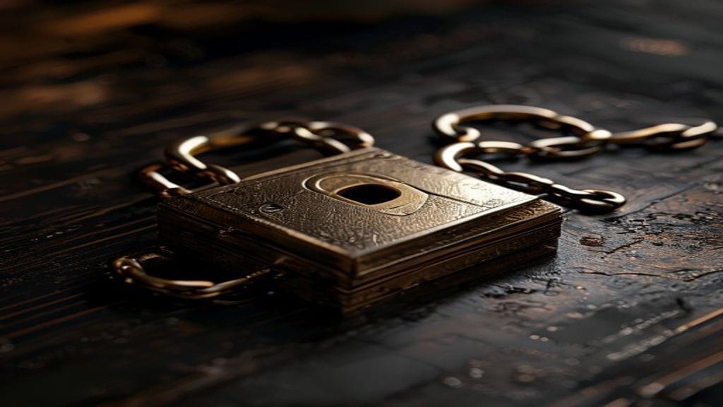A heavy ornate brass padlock locked through a thick chain on a dark wooden surface, partially encircling a polished computer chip