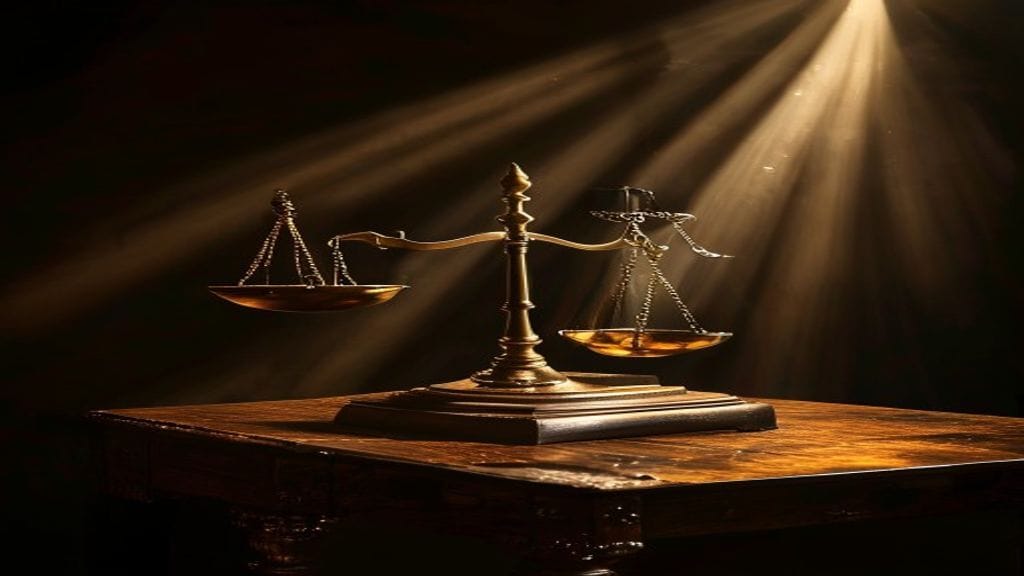 A polished wooden judge's bench in shadow with brass scales of justice resting on top under a single warm spotlight