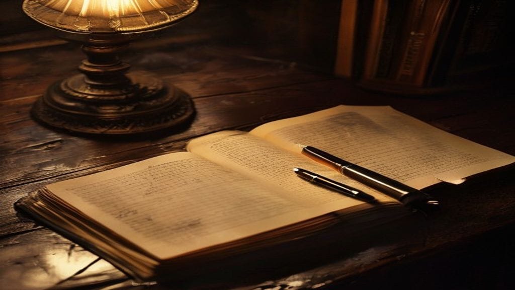 An open vintage daily diary on a dark wooden desk with two pages visible