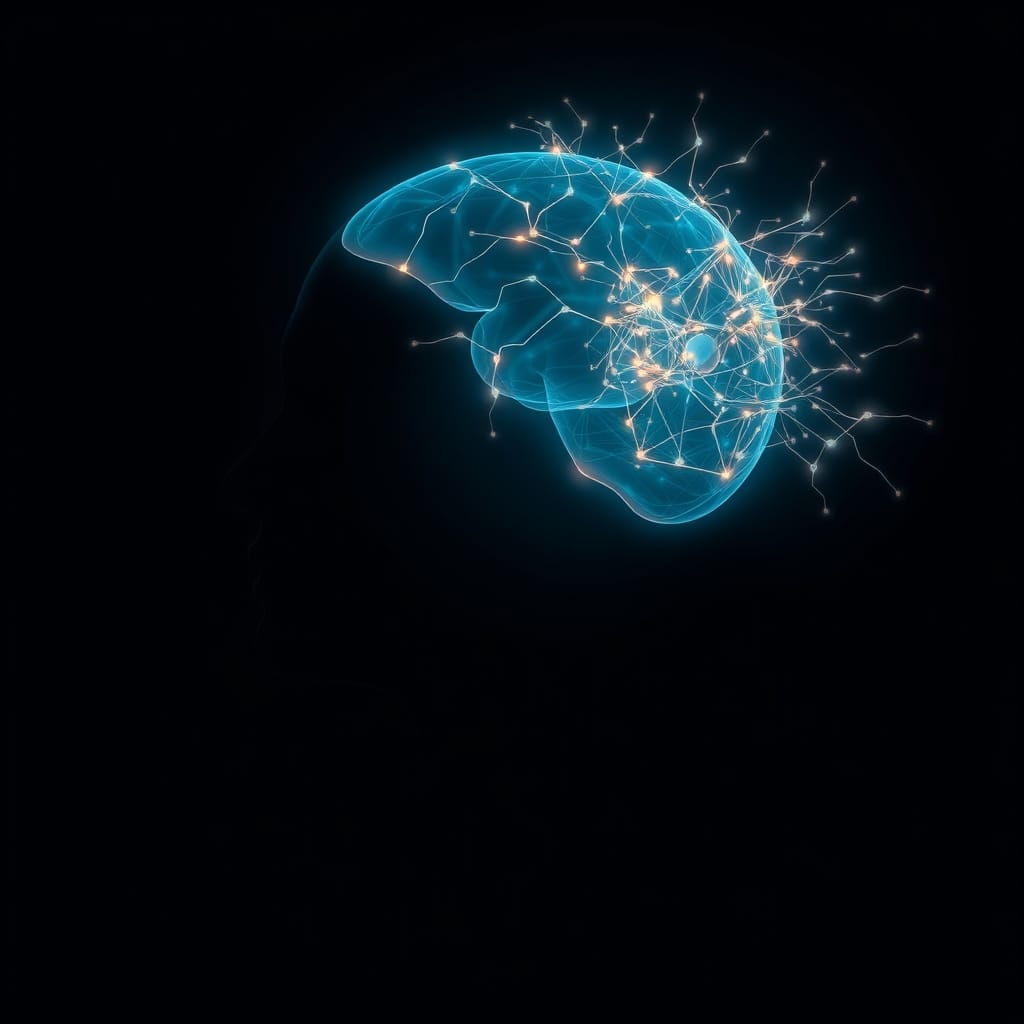 A human silhouette with neural pathways extending into a glowing crystalline data structure