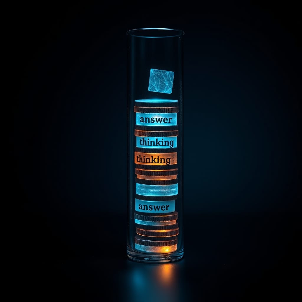 A laboratory beaker filled with stacked translucent token shapes, some labeled as thinking displacing answer tokens
