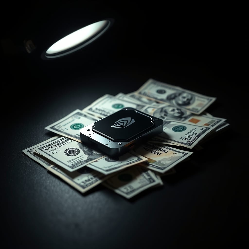 A high-end GPU chip resting on a stack of US hundred-dollar bills under dramatic spotlight