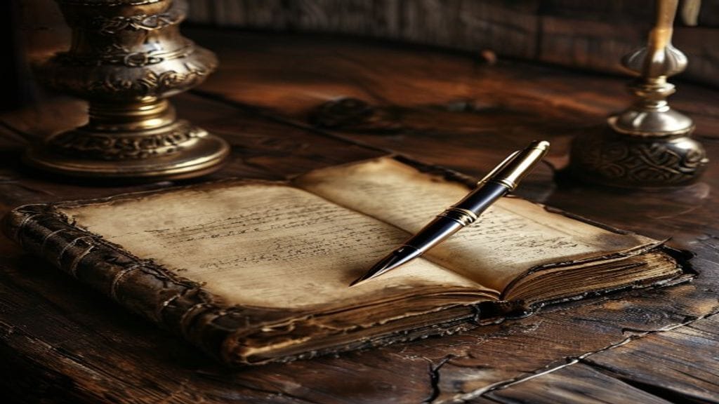 An open vintage leather-bound logbook on a dark wooden desk with a fountain pen resting on the open pages and a small brass inkwell beside it